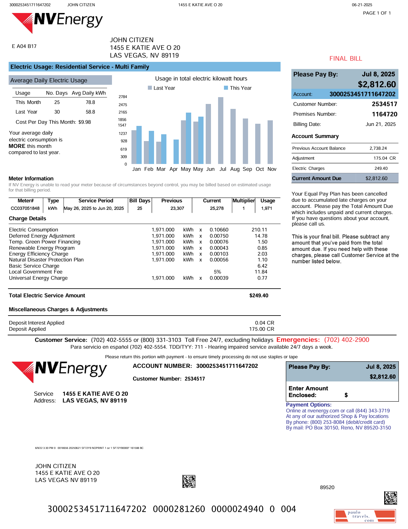 USA NV Energy utility bill template in Word and PDF formats, version 2